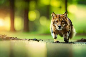 een wolf rennen door de bossen. ai-gegenereerd foto