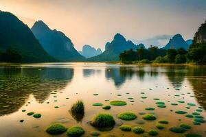 de li rivier- in China met bergen in de achtergrond. ai-gegenereerd foto