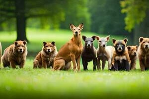 een groep van honden en bears staand in de gras. ai-gegenereerd foto