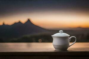 een koffie pot zit Aan een tafel met uitzicht een berg. ai-gegenereerd foto