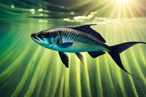 een vis zwemmen in de water met zonlicht schijnt. ai-gegenereerd foto