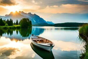 een boot zit Aan de water Bij zonsondergang. ai-gegenereerd foto