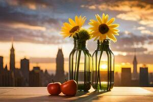 zonnebloemen in een vaas met een visie van de stad. ai-gegenereerd foto