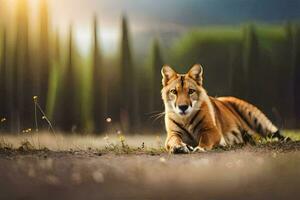 een tijger houdende in de gras. ai-gegenereerd foto