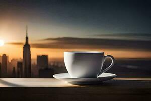 koffie kop Aan de venster dorpel, stad, zonsopkomst, hd behang. ai-gegenereerd foto
