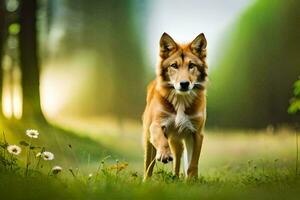 een hond wandelen door een veld- met bloemen en bomen. ai-gegenereerd foto