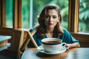 een vrouw zittend Bij een tafel met een kop van thee. ai-gegenereerd foto