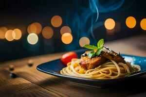 spaghetti met vlees en tomaat saus Aan een bord. ai-gegenereerd foto