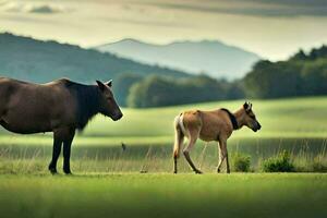 twee paarden zijn staand in een veld. ai-gegenereerd foto