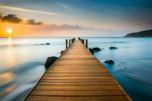 een houten pier strekt zich uit in de oceaan Bij zonsondergang. ai-gegenereerd foto