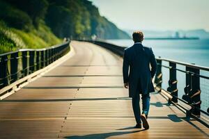 een Mens in een pak wandelingen langs een brug. ai-gegenereerd foto