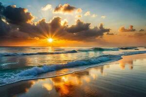 de zon stijgt over- de oceaan en de golven Aan de strand. ai-gegenereerd foto