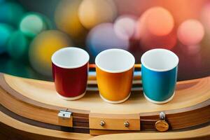 drie kleurrijk cups zitten Aan top van een houten tafel. ai-gegenereerd foto