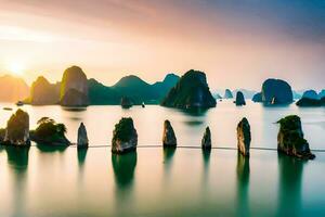 de zonsopkomst over- Halong baai, Vietnam. ai-gegenereerd foto