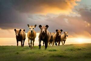 een kudde van vee rennen aan de overkant een veld- Bij zonsondergang. ai-gegenereerd foto