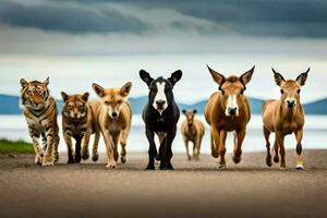 een groep van dieren wandelen Aan een weg. ai-gegenereerd foto