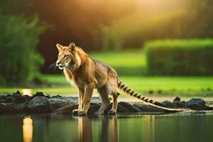 een leeuw staand Aan de rand van een meer. ai-gegenereerd foto