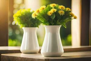 twee wit vazen met geel bloemen Aan een tafel. ai-gegenereerd foto