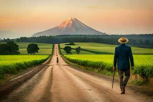 een Mens in een hoed wandelingen naar beneden een aarde weg met een berg in de achtergrond. ai-gegenereerd foto