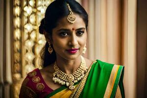 een mooi Indisch bruid in een groen en geel sari. ai-gegenereerd foto