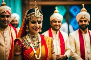 een bruid in traditioneel Indisch kleding met haar bruidegom. ai-gegenereerd foto