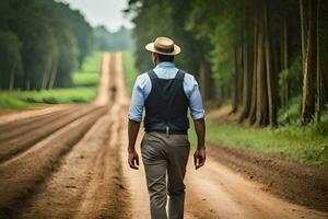 een Mens in een hoed en hesje wandelen naar beneden een aarde weg. ai-gegenereerd foto