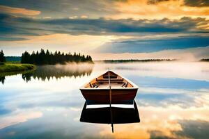 een boot is drijvend Aan een kalmte meer met bomen en een lucht. ai-gegenereerd foto