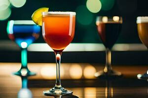 vier verschillend types van alcoholisch drankjes Aan een tafel. ai-gegenereerd foto