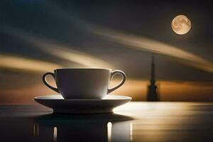 een kop van koffie Aan een tafel in voorkant van een vol maan. ai-gegenereerd foto