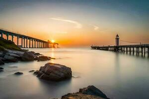 een lang blootstelling fotograaf van een vuurtoren en pier Bij zonsondergang. ai-gegenereerd foto