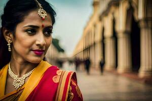 een mooi Indisch vrouw in een rood sari. ai-gegenereerd foto