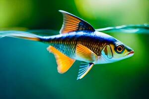 een vis met een blauw en oranje lichaam zwemmen in de water. ai-gegenereerd foto