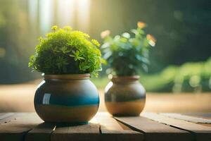 twee vazen met planten zittend Aan een houten tafel. ai-gegenereerd foto