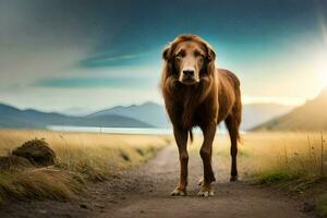 een hond is staand Aan een aarde weg in voorkant van een berg. ai-gegenereerd foto