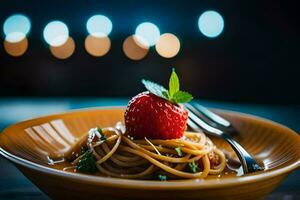 een bord van pasta met een aardbei Aan top. ai-gegenereerd foto