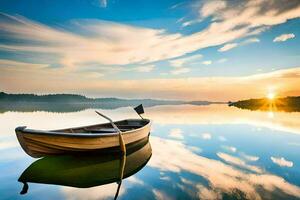 een boot is drijvend Aan de kalmte water Bij zonsondergang. ai-gegenereerd foto