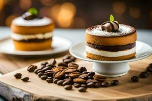 twee cakes Aan een houten bord met koffie bonen. ai-gegenereerd foto