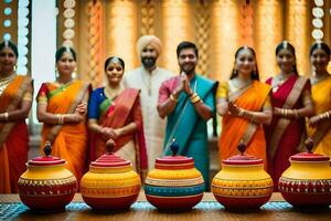 een groep van mensen in kleurrijk sari's staand in de omgeving van een tafel met potten. ai-gegenereerd foto