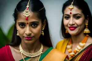 twee Dames in traditioneel Indisch kleding. ai-gegenereerd foto
