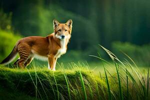een rood vos staand Aan een met gras begroeid heuvel. ai-gegenereerd foto
