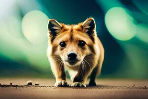 een klein hond wandelen Aan de weg. ai-gegenereerd foto