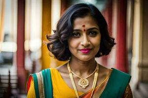 een vrouw in een sari met een goud ketting. ai-gegenereerd foto