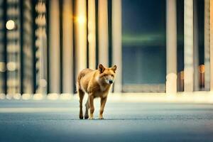 een hond wandelen Aan de straat in voorkant van hoog gebouwen. ai-gegenereerd foto