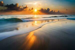 zonsondergang Aan de strand, golven, oceaan, zonsopkomst, de oceaan, zonsopkomst, de oceaan. ai-gegenereerd foto