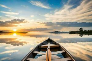 een boot Aan de kalmte water Bij zonsondergang. ai-gegenereerd foto