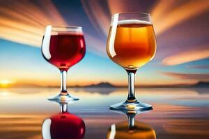 twee bril van wijn Aan een tafel met een zonsondergang in de achtergrond. ai-gegenereerd foto