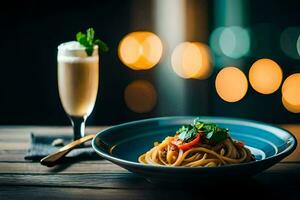 een bord van pasta en een glas van wijn Aan een houten tafel. ai-gegenereerd foto