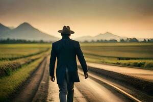 een Mens in een pak en hoed wandelingen naar beneden een weg. ai-gegenereerd foto