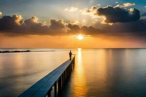 een Mens staand Aan een pier op zoek Bij de zon. ai-gegenereerd foto
