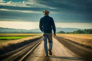 een Mens in een hoed wandelingen naar beneden een aarde weg. ai-gegenereerd foto